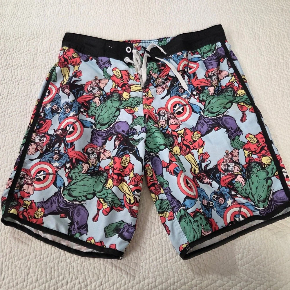 Marvel Avengers Comic Print Swim Trunks Mens Medium Bioworld Board Shorts Blue